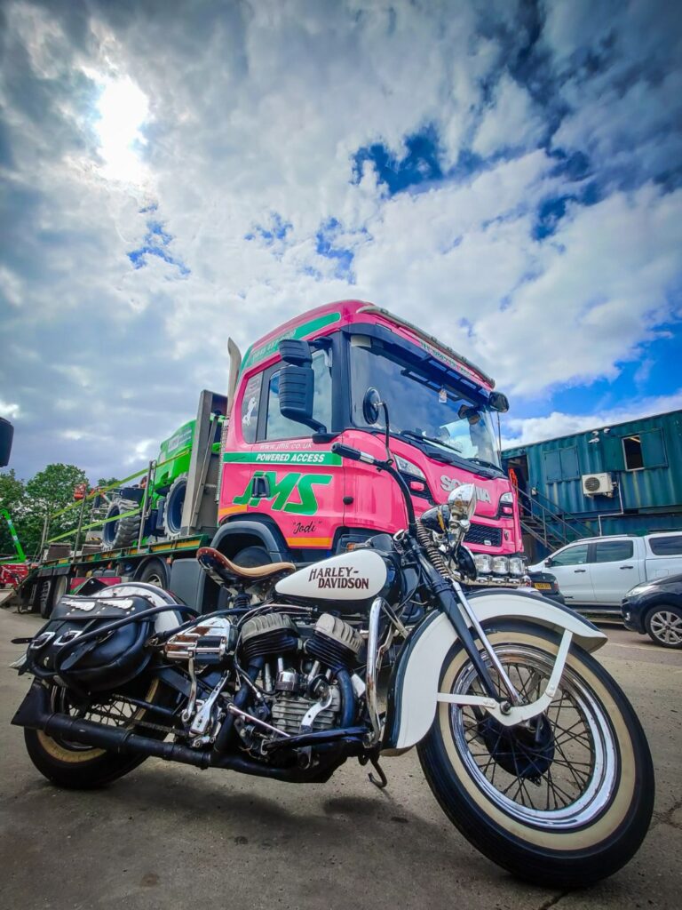 Mark Jacksons Harley Davidson infront of Jodis truck